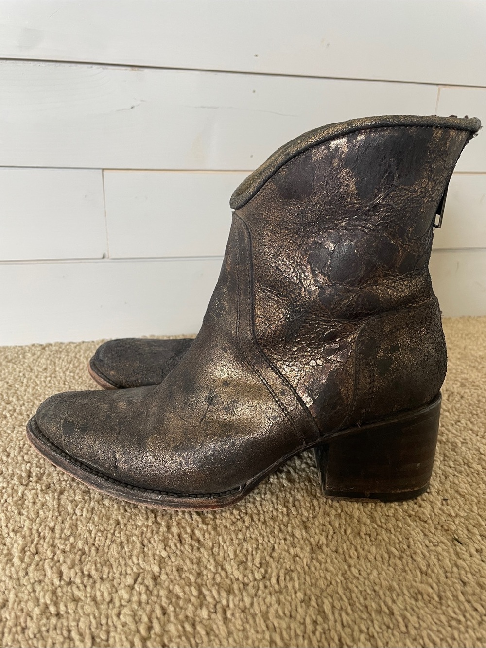 Freebird Peak Metallic Leather Black/Bronze Heeled Ankle Boots 6 Western Boho
